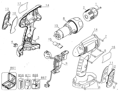 Housing Assembly Diagram and Parts List for CD120GKTY1  Black and Decker Drill